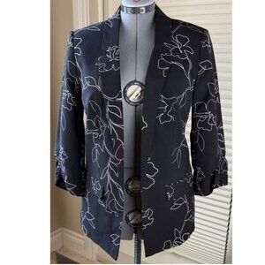 Reitmans Blazer Sz 14 Lined Black Floral Open Front Ruched Sleeve 3/4 Sleeve NWT